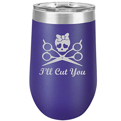 16 oz Double Wall Vacuum Insulated Stainless Steel Stemless Wine Tumbler Glass Coffee Travel Mug With Lid I'll Cut You Hair Dresser Stylist (Purple)