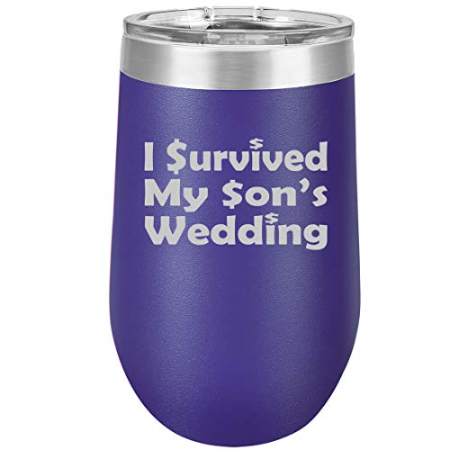 16 oz Double Wall Vacuum Insulated Stainless Steel Stemless Wine Tumbler Glass Coffee Travel Mug With Lid I Survived My Son's Wedding Mother Father of the Groom (Purple)