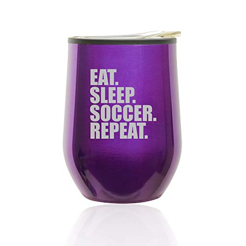 Stemless Wine Tumbler Coffee Travel Mug Glass With Lid Eat Sleep Soccer Repeat (Royal Purple)