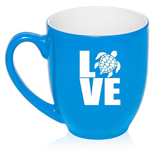 16 oz Large Bistro Mug Ceramic Coffee Tea Glass Cup Love Sea Turtle (Light Blue)