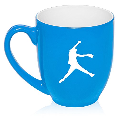 16 oz Large Bistro Mug Ceramic Coffee Tea Glass Cup Female Softball Pitcher (Light Blue)