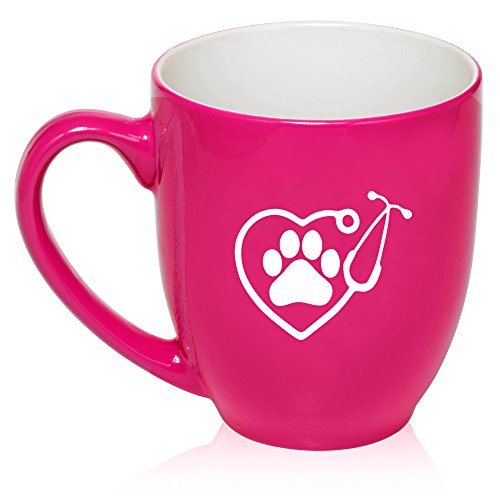 16 oz Large Bistro Mug Ceramic Coffee Tea Glass Cup Heart Stethoscope Vet Tech Veterinarian (Hot Pink)