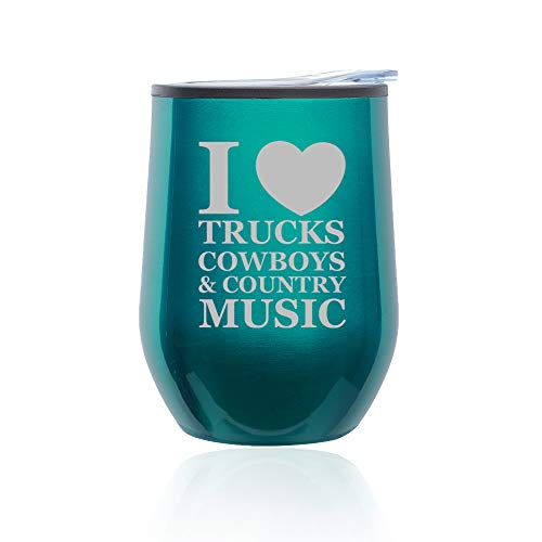 Stemless Wine Tumbler Coffee Travel Mug Glass With Lid Love Trucks Cowboys Country Music (Turquoise Teal)