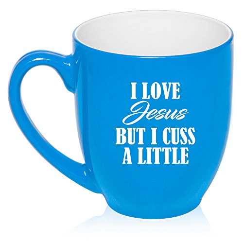 16 oz Large Bistro Mug Ceramic Coffee Tea Glass Cup I Love Jesus But I Cuss A Little Funny (Light Blue)