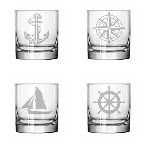 Set of 4 Glass 11 oz Rocks Whiskey Highball Anchor Boat Compass Nautical Collection