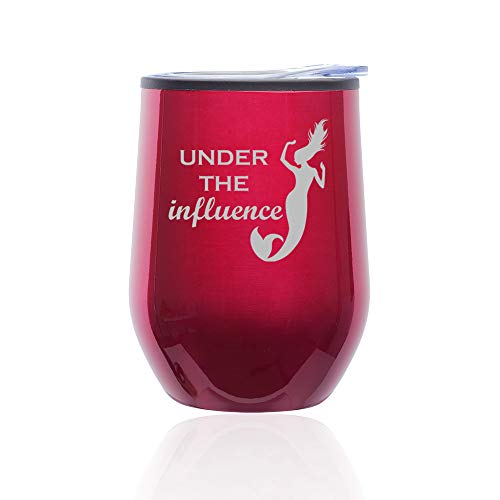 Stemless Wine Tumbler Coffee Travel Mug Glass With Lid Under The Influence Mermaid Funny (Fuchsia)