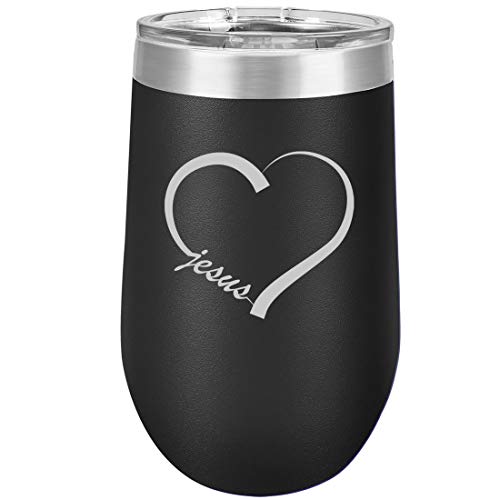 16 oz Double Wall Vacuum Insulated Stainless Steel Stemless Wine Tumbler Glass Coffee Travel Mug With Lid Love Heart Jesus (Black)