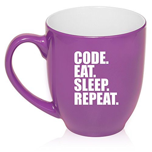 16 oz Large Bistro Mug Ceramic Coffee Tea Glass Cup Code Eat Sleep Repeat (Purple)