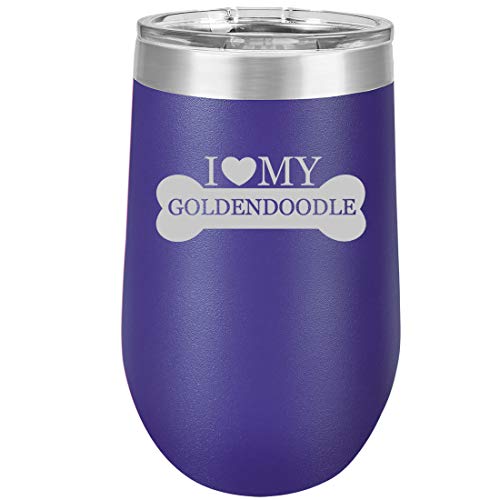 16 oz Double Wall Vacuum Insulated Stainless Steel Stemless Wine Tumbler Glass Coffee Travel Mug With Lid I Love My Goldendoodle (Purple)