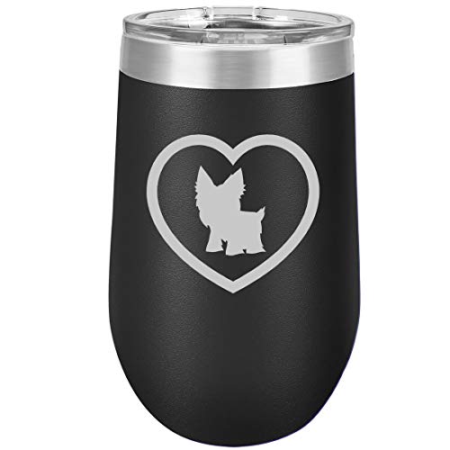 16 oz Double Wall Vacuum Insulated Stainless Steel Stemless Wine Tumbler Glass Coffee Travel Mug With Lid Yorkie Heart (Black)