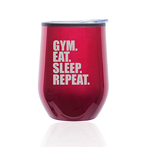 Stemless Wine Tumbler Coffee Travel Mug Glass With Lid Gym Eat Sleep Repeat (Fuchsia)