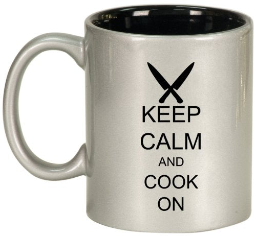 Keep Calm and Cook On Chef Knives Ceramic Coffee Tea Mug Cup Silver Black