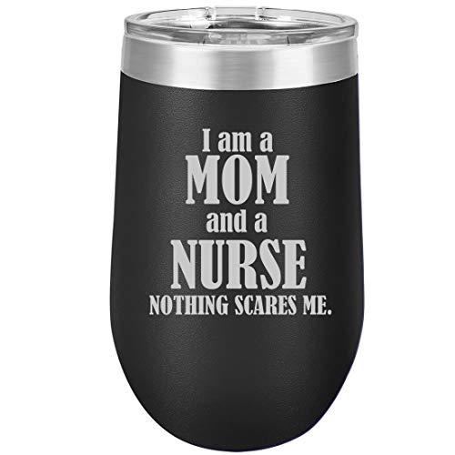 16 oz Double Wall Vacuum Insulated Stainless Steel Stemless Wine Tumbler Glass Coffee Travel Mug With Lid Nurse Mom Boss (Black)