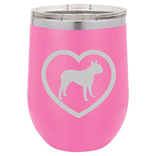 12 oz Double Wall Vacuum Insulated Stainless Steel Stemless Wine Tumbler Glass Coffee Travel Mug With Lid Boston Terrier Heart (Hot-Pink)