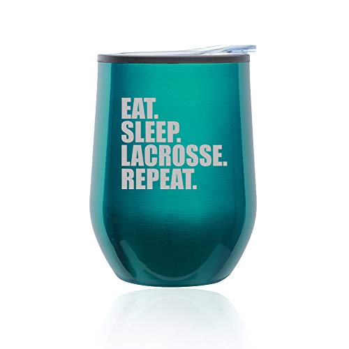 Stemless Wine Tumbler Coffee Travel Mug Glass With Lid Eat Sleep Lacrosse Repeat (Turquoise Teal)