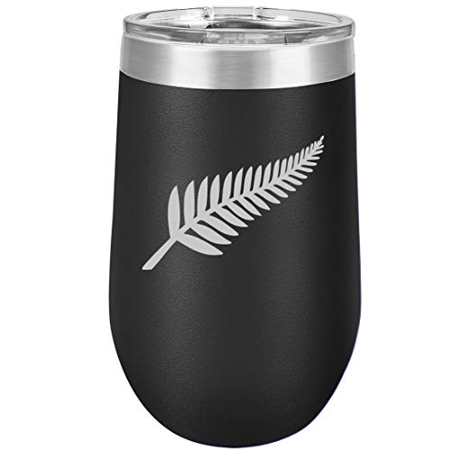 16 oz Double Wall Vacuum Insulated Stainless Steel Stemless Wine Tumbler Glass Coffee Travel Mug With Lid New Zealand Silver Fern (Black)