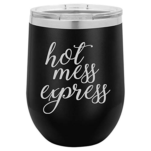 12 oz Double Wall Vacuum Insulated Stainless Steel Stemless Wine Tumbler Glass Coffee Travel Mug With Lid Hot Mess Express Funny (Black)