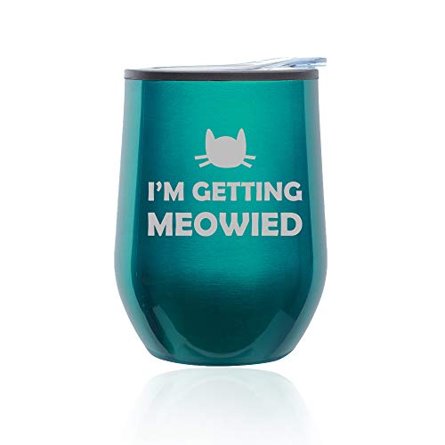 Stemless Wine Tumbler Coffee Travel Mug Glass With Lid I'm Getting Meowied Married Engagement (Turquoise Teal)