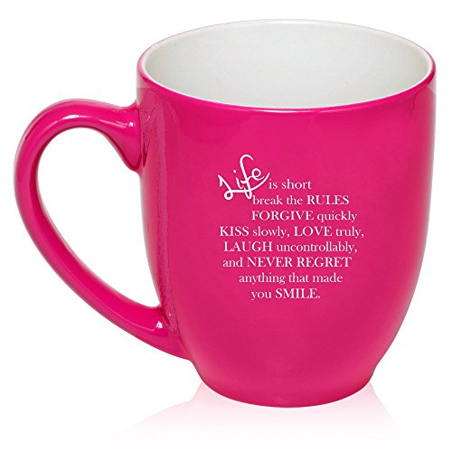 16 oz Large Bistro Mug Ceramic Coffee Tea Glass Cup Life is Short Quote (Hot Pink)
