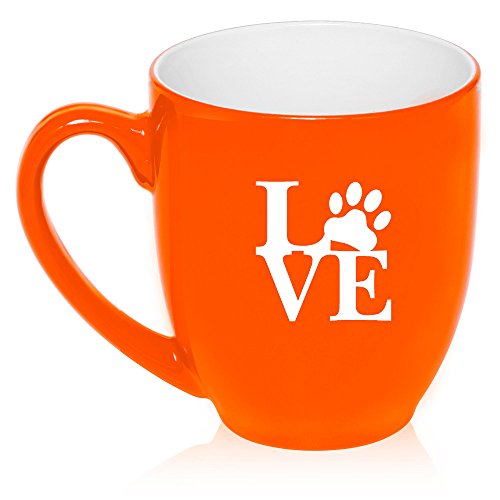 16 oz Large Bistro Mug Ceramic Coffee Tea Glass Cup Love Paw Print (Orange)
