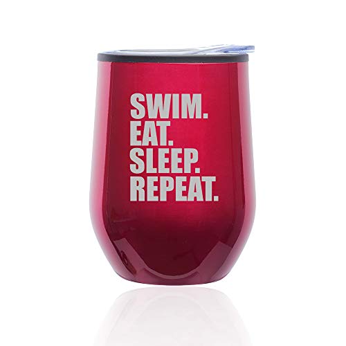 Stemless Wine Tumbler Coffee Travel Mug Glass With Lid Swim Eat Sleep Repeat (Fuchsia)