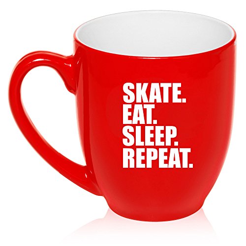 16 oz Large Bistro Mug Ceramic Coffee Tea Glass Cup Skate Eat Sleep Repeat Ice Roller Skateboard (Red)