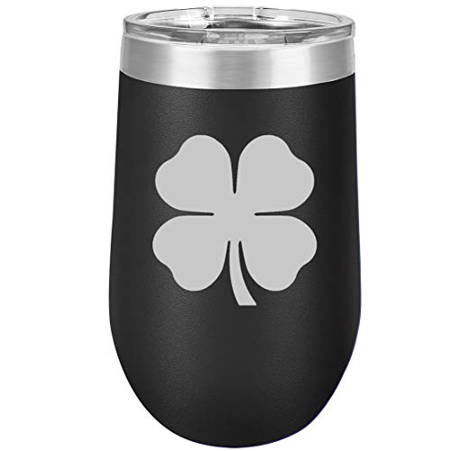 16 oz Double Wall Vacuum Insulated Stainless Steel Stemless Wine Tumbler Glass Coffee Travel Mug With Lid 4 Leaf Clover Shamrock