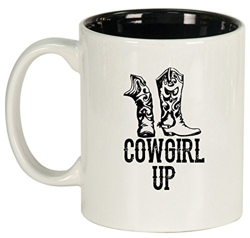 Ceramic Coffee Tea Mug Cup Cowgirl Up Boots (White)