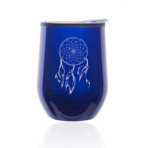 Stemless Wine Tumbler Coffee Travel Mug Glass With Lid Dreamcatcher With Feathers (Blue)