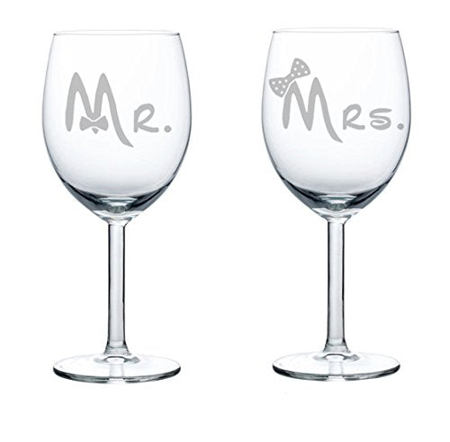Set of 2 Wine Glasses Wedding Married Couple Mr. Mrs. Bows (10 oz)
