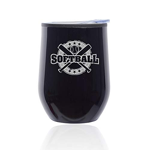 Stemless Wine Tumbler Coffee Travel Mug Glass With Lid Softball Vintage (Midnight Black)