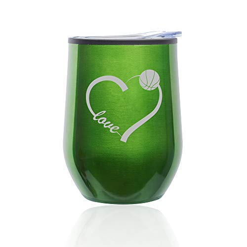 Stemless Wine Tumbler Coffee Travel Mug Glass With Lid Love Heart Basketball (Green)