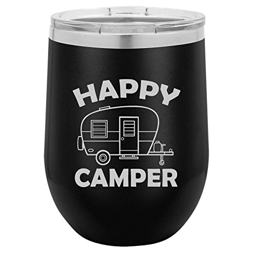 12 oz Double Wall Vacuum Insulated Stainless Steel Stemless Wine Tumbler Glass Coffee Travel Mug With Lid Happy Camper (Black)