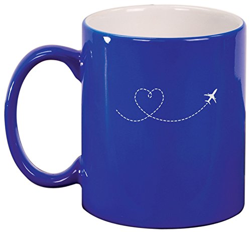 Ceramic Coffee Tea Mug Heart Love Travel Airplane (Blue)