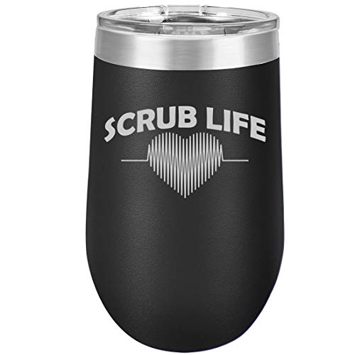 16 oz Double Wall Vacuum Insulated Stainless Steel Stemless Wine Tumbler Glass Coffee Travel Mug With Lid Scrub Life Nurse (Black)
