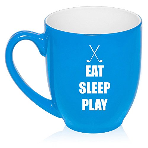 16 oz Large Bistro Mug Ceramic Coffee Tea Glass Cup Eat Sleep Play Golf (Light Blue)