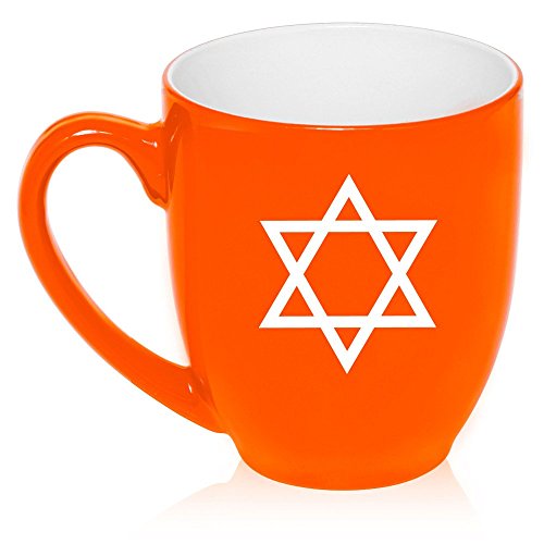 16 oz Large Bistro Mug Ceramic Coffee Tea Glass Cup Jewish Star of David (Orange)