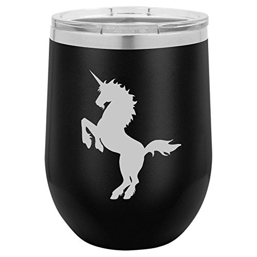 12 oz Double Wall Vacuum Insulated Stainless Steel Stemless Wine Tumbler Glass Coffee Travel Mug With Lid Unicorn (Black)