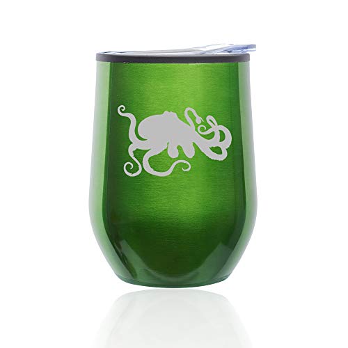 Stemless Wine Tumbler Coffee Travel Mug Glass With Lid Octopus And Tentacles (Green)