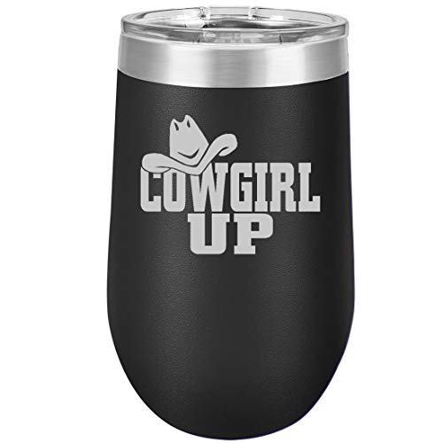 16 oz Double Wall Vacuum Insulated Stainless Steel Stemless Wine Tumbler Glass Coffee Travel Mug With Lid Cowgirl Up With Hat (Black)