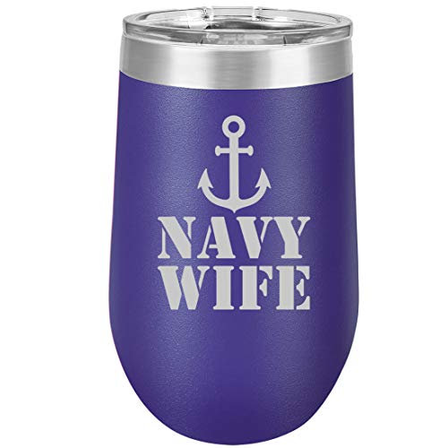 16 oz Double Wall Vacuum Insulated Stainless Steel Stemless Wine Tumbler Glass Coffee Travel Mug With Lid Navy Wife (Purple)