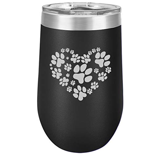 16 oz Double Wall Vacuum Insulated Stainless Steel Stemless Wine Tumbler Glass Coffee Travel Mug With Lid Heart Paw Prints (Black)