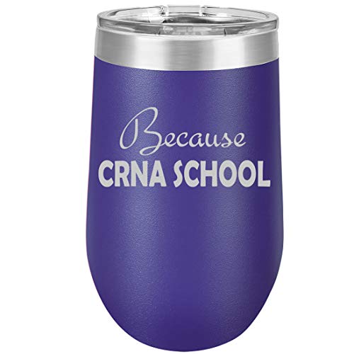 16 oz Double Wall Vacuum Insulated Stainless Steel Stemless Wine Tumbler Glass Coffee Travel Mug With Lid Because CRNA School Nurse Anesthetist (Purple)