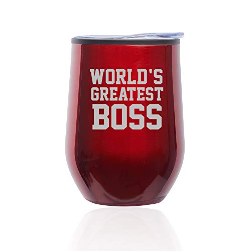 Stemless Wine Tumbler Coffee Travel Mug Glass With Lid World's Greatest Boss (Red)