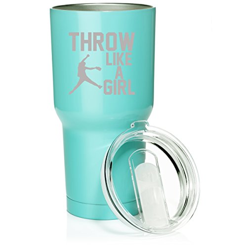 30 oz. Tumbler Stainless Steel Vacuum Insulated Travel Mug Throw Like A Girl Softball (Light Blue)