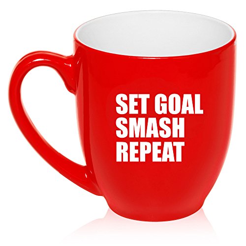 16 oz Large Bistro Mug Ceramic Coffee Tea Glass Cup Set Goal Smash Repeat Motivational Graduation (Red)