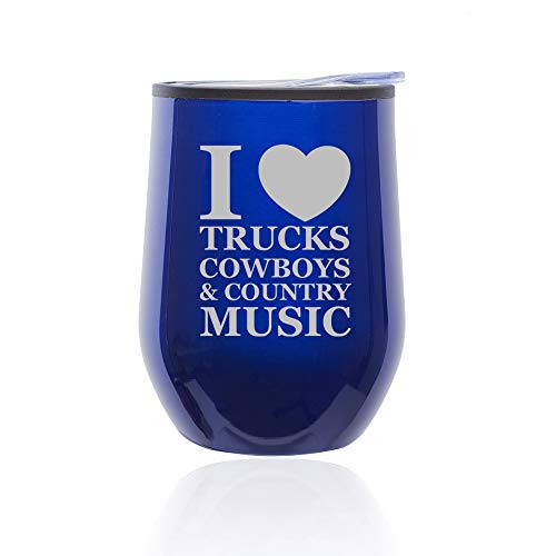 Stemless Wine Tumbler Coffee Travel Mug Glass With Lid Love Trucks Cowboys Country Music (Blue)