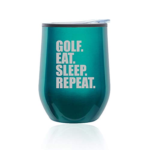 Stemless Wine Tumbler Coffee Travel Mug Glass With Lid Golf Eat Sleep Repeat (Turquoise Teal)