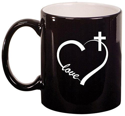 Ceramic Coffee Tea Mug Cup Love Heart Cross Christian (Black)
