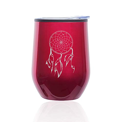Stemless Wine Tumbler Coffee Travel Mug Glass With Lid Dreamcatcher With Feathers (Fuchsia)